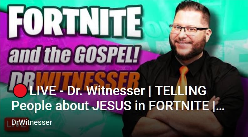 DrWitnesser Fortnite Stream thumbnail, telling people about Jesus in Fortnite